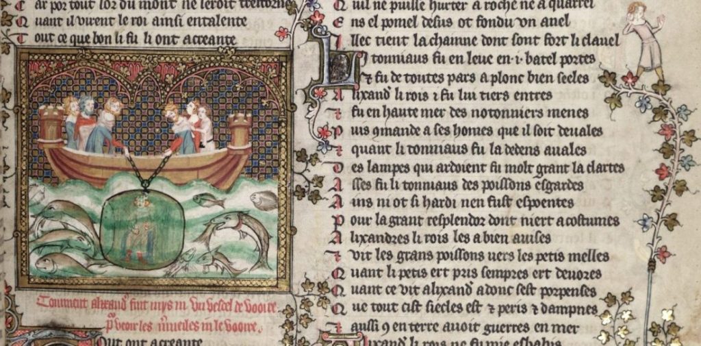 a photo of an illuminated medieval manuscript. A small boat with carved castle towers on each end has two groups of men, each of whom hold a chain. Underneath the boat is another man, in a space, held by the chains