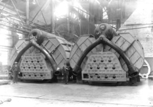 An end-on view of two ship's boilers