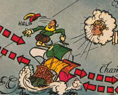 Figure 3: The physical dislocation of the flailing Alvarado implies the disarray of the Spanish imperial mission. His boat not only sinks into the water, but Alvarado himself hovers in the air, disconnected from his vessel.
