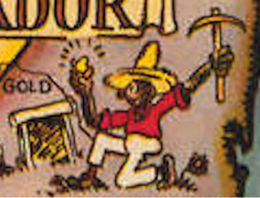 Figure 5: This image represents a man with a piece of gold in one hand and a pickaxe in the other, simplifying the process and ignoring the danger of production.
