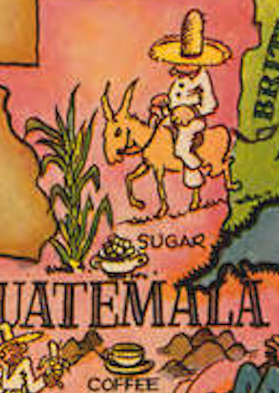 Figure 6: This portion of the map shows a man passing by sugarcane and a cup of sugar on his horse. Below him lies a steaming cup of coffee, ready to be drunk. He functions as a passive spectator to the cultivation of exports.