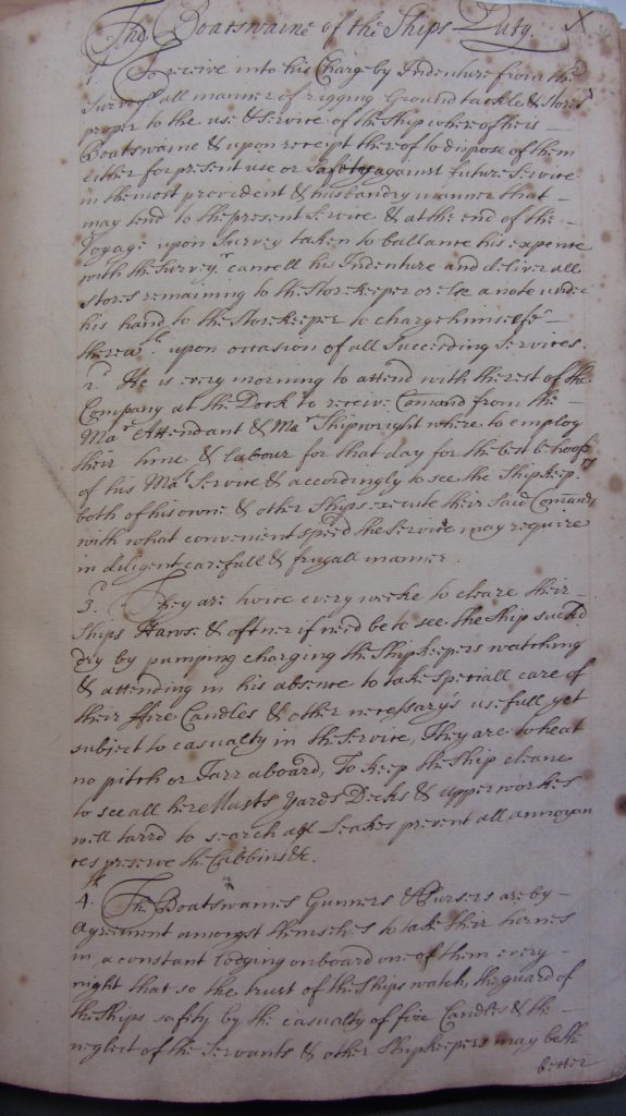 photo of the first page of 'The Boatswains Duty' describing the role of one of the standing officers