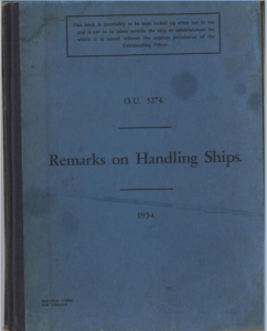 This book has a blue cover ith the text "OU5274 Remarkos on Handling Ships" in a darker blue font