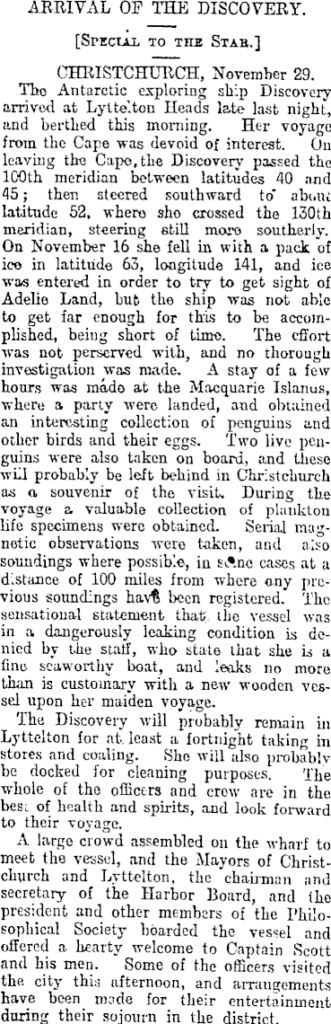An image of a newspaper article describing the arrival of Shackleton's ship.