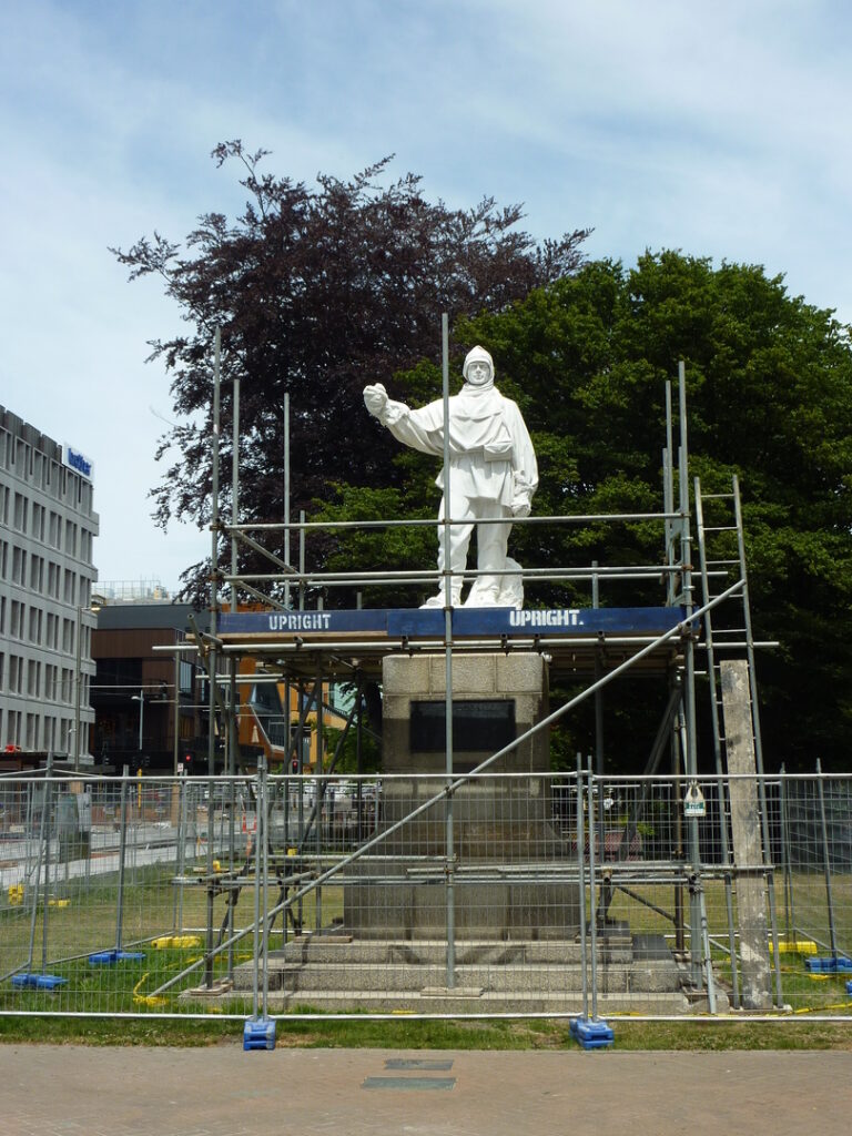 An image of the Robert Falcon Scott memorial, with scaffolding around it