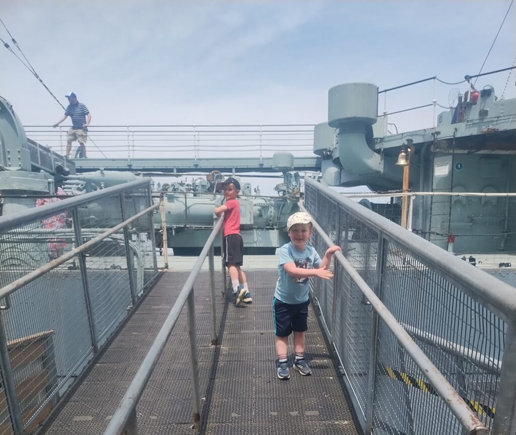 two boys on the gangway of HMCS Haida