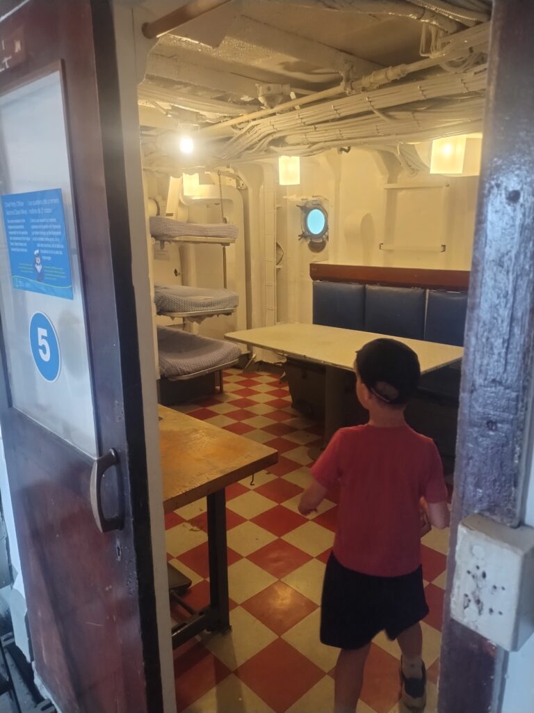 a small boy in a red shirt checks out a space with several bunks and tables