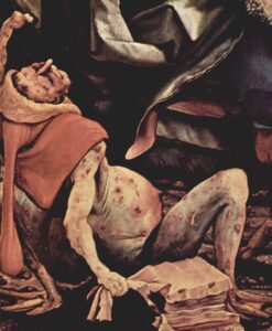 “Temptation of St. Anthony” (detail) by Mathias Grunewald (1480–1528), ca. 1512, showing a man suffering from St. Anthony’s Fire (Unterlinden Museum, Colmar, France; public domain, courtesy: The Yorck Project, 2002).