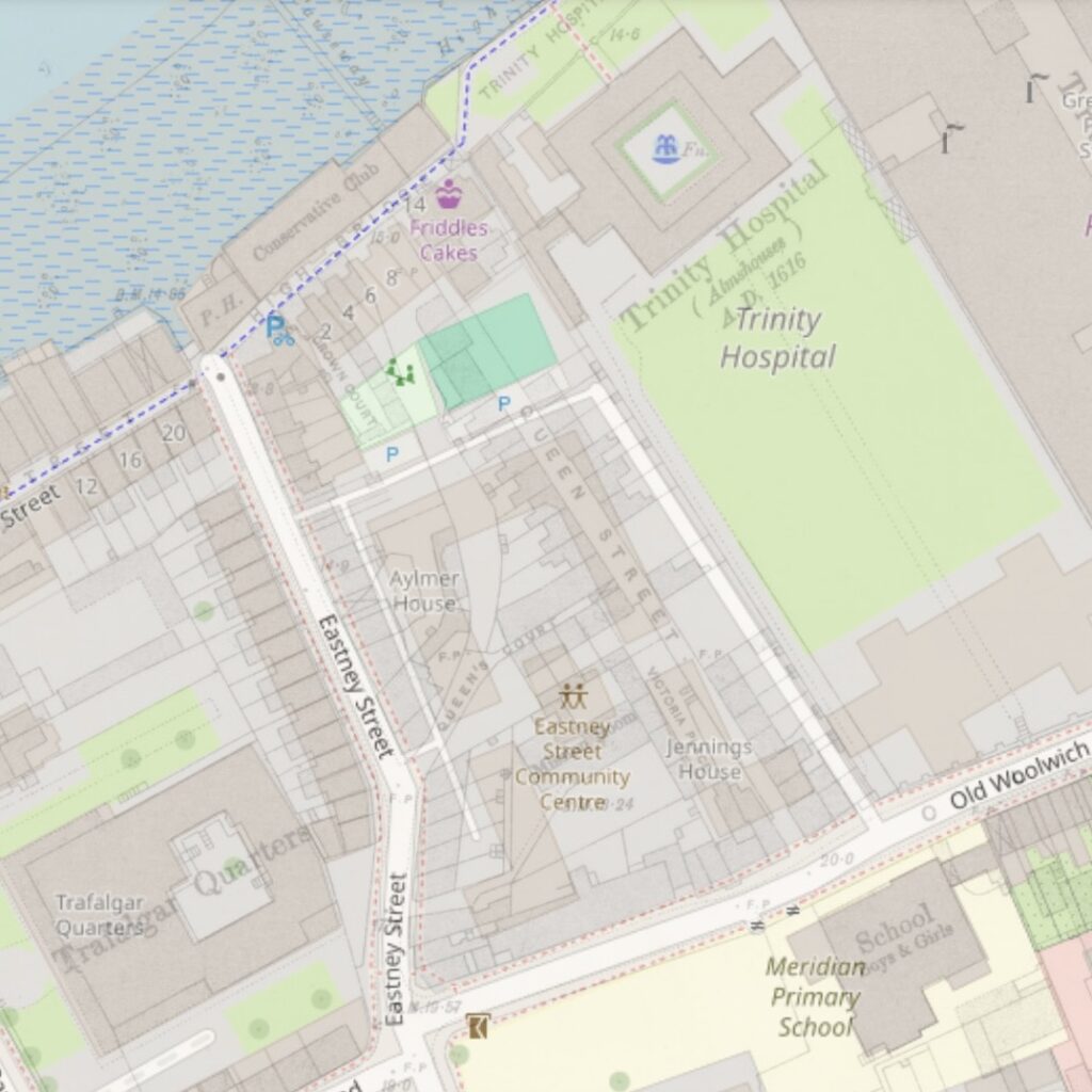 The same information as the previous map but with green spaces in green and the river in blue