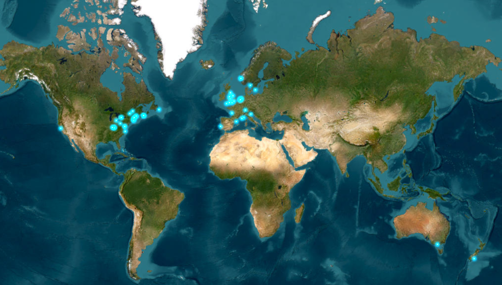 An image of the entire world with bright blue dots representing the locations of ropewalks. They are centred in Europe, and the East Coast of North America but also in Victoria, BC, in New Zealand and Australia