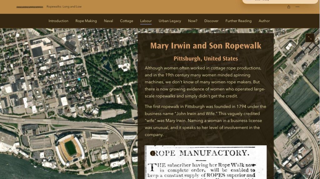 A screenshot with text titled 'Mary Irwin and Son Ropewalk' with an image of the location behind