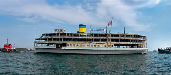 SS Columbia, floating on lake