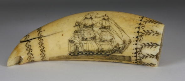 Scrimshaw whale tooth with image of a ship, from the nineteenth century