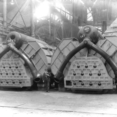 An end-on view of two ship's boilers