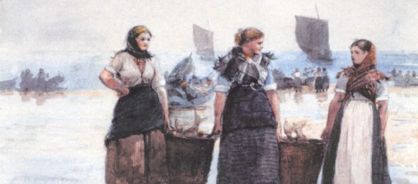 Painting of Fisherwomen on shore, 1881, by Winslow Homer
