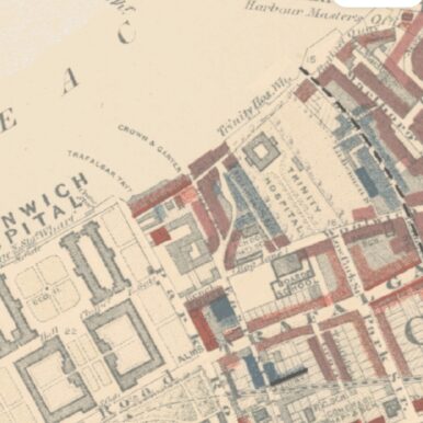 This map has red and blue on a brown background with black buildings marked